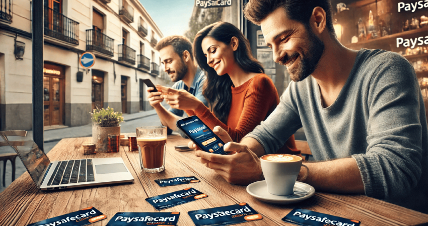 Personas conectadas y explorando opciones de entretenimiento digital, destacando la accesibilidad de los casinos online con Paysafecard.